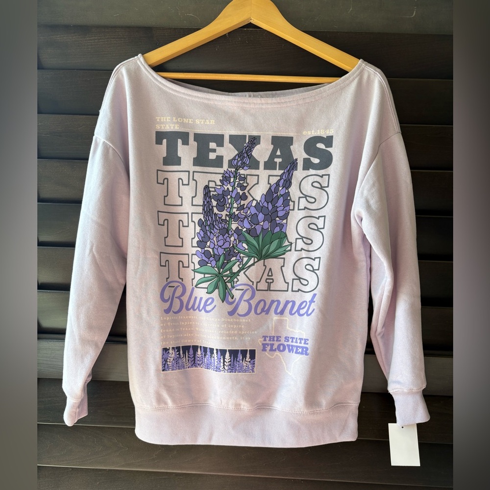 Mighty Fine Women's Small Boat Neck Pull Over Texas BlueBonnets Lilac NWT